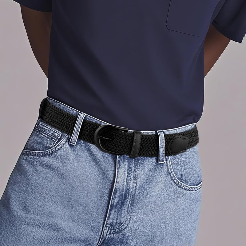 Mile High Life | Braided Stretch Elastic Belts | Pin Oval Solid Black Belt Buckle | PU Loop End Tip Men/Women/Junior Belt - Image 2